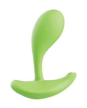 A green, curved silicone object against a white background.
