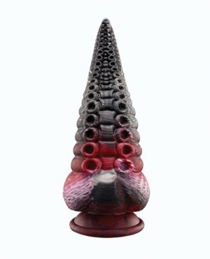 An abstract art glass sculpture with a conical shape that transitions from a textured grey tip through a pattern of red and black rings ending on a broader marbled red and white base.