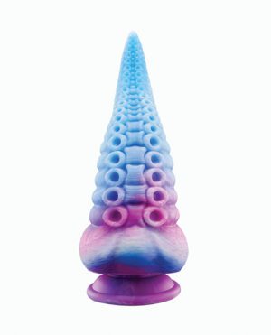 An abstract sculpture with a conical shape, featuring a gradient from blue at the top to pink at the base, with circular and tubular textures diminishing in size towards the apex, all mounted on a circular stand.