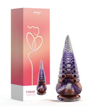 An adult product named "TYRIAN Tentacle Shape Dildo" depicted next to its packaging. The packaging features the brand "HONEY PLAY BOX" with a minimalist floral design, and the product itself has a conical tentacle shape with a gradient of purple hues and raised textural details.