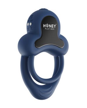 A blue silicone ring with an attached upper component featuring the "HONEY PLAY BOX" branding, isolated on a white background.