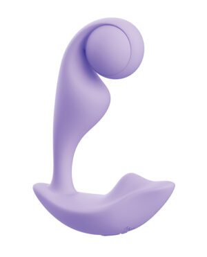 A contemporary purple sculpture with an abstract serpentine shape against a white background.