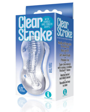 Product packaging for "Clear Stroke" with a transparent, textured adult toy displayed in the center, surrounded by text detailing features such as handle and finger grips, body-safe material, and a ribbed channel.