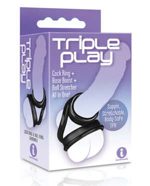 Product packaging for "Triple Play" which includes a cock ring, base boost, and ball stretcher, featuring supple, stretchable, body-safe TPR material, displayed in front of its box.