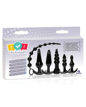 A product packaging image for a set of five black TPR plugs and anal beads in various sizes and shapes, marketed as a kit for beginners in anal exploration.