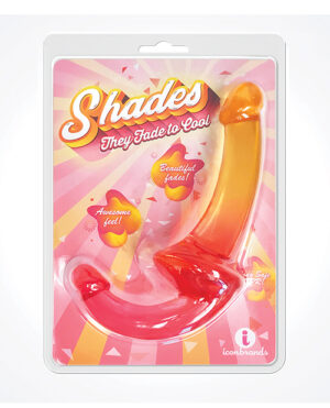 Colorful packaging for a fade-to-cool dildo, featuring playful graphics and a bold design.