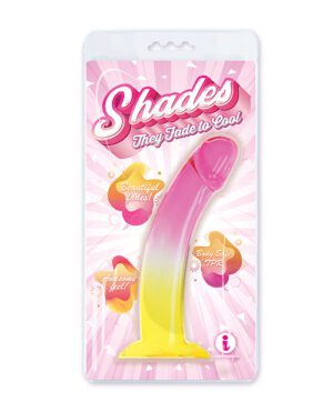 Packaging for a "Shades They Fade to Cool" product featuring a color-fading design from pink to yellow, with claims of "Beautiful shades!", "Awesome feel!", and "Body Safe TPR" on the cover.