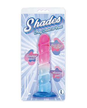 Alt text: A product called "Shades" packaged in a clear plastic container with a blue and white backing card. The product displays a color gradient design transitioning from pink to blue and is promoted with the phrases "They Fade to Cool," "Beautiful Shades," "Body-Safe TRP," and "Awesome Feel!"