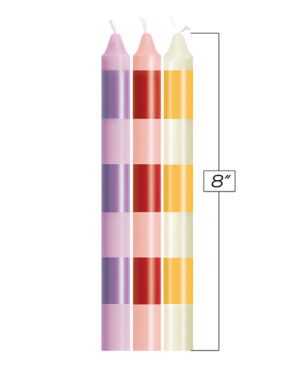 Four colored candles displayed vertically next to a ruler indicating an 8 inch height.