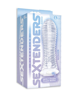 Product packaging for a "Sextenders Vibrating Ribbed" adult novelty item with a clear window displaying the product inside.