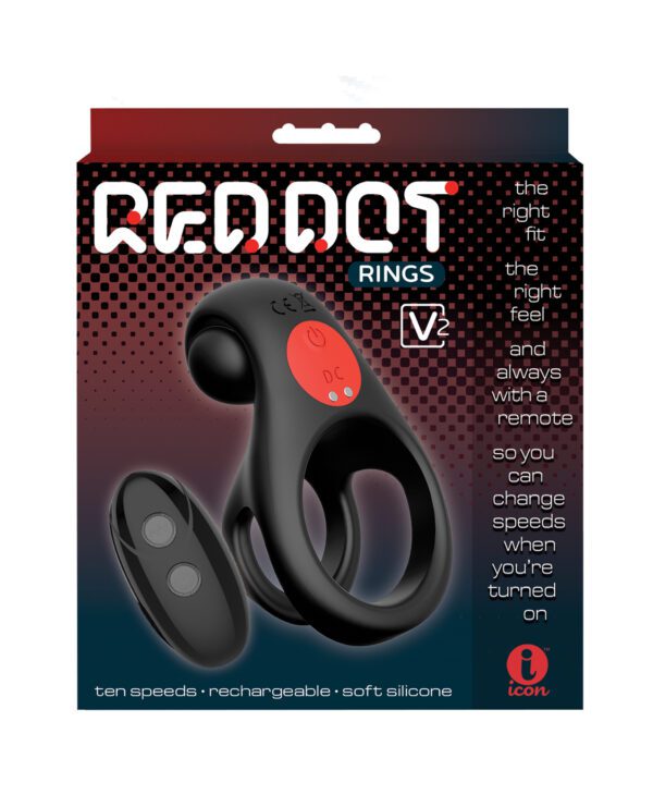 Product packaging for Red Dot V2 rings featuring a black remote-controlled device with red buttons, emphasizing ten speeds, rechargeable battery, and soft silicone material.