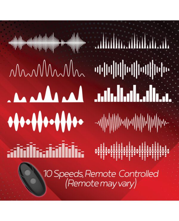 Graphic representation of different audio waveform patterns in white on a red background, with a remote control device at the bottom indicating "10 Speeds, Remote Controlled (Remote may vary)".