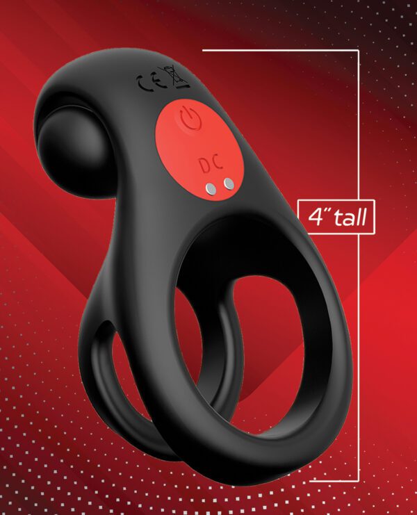 A black ergonomic handheld device with a red button, labeled 4 inches tall, against a red and black dotted background