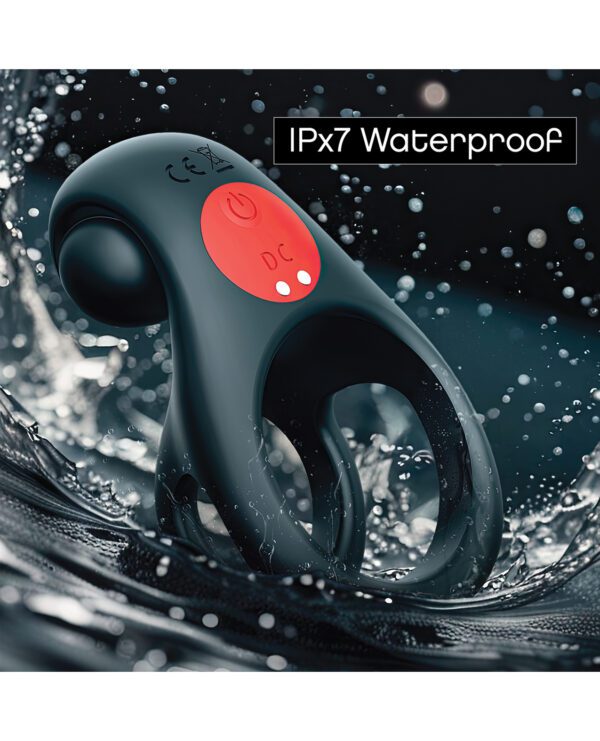 Close-up of a black Bluetooth speaker with IPx7 waterproof rating surrounded by splashing water droplets.