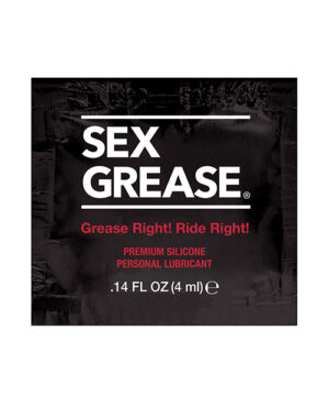 A packet of Sex Grease premium silicone personal lubricant, featuring bold text and a sleek black design.