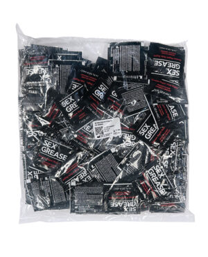 A clear plastic bag filled with multiple sachets labeled 'SEX GREASE', designed for personal lubrication use.