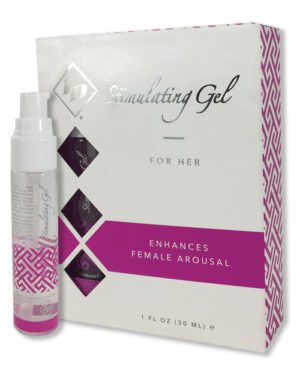 A product image featuring a bottle of stimulating gel next to its packaging, which includes text "Stimulating Gel - For Her" and "Enhances Female Arousal." The brand logo appears at the top left corner, and the packaging has a white and purple color scheme.