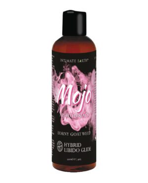 A bottle of Mojo aphrodisiac hybrid libido glide with horny goat weed, 120ml.