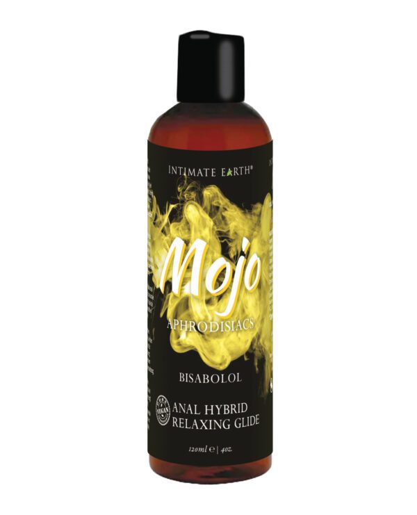 Bottle of Intimate Earth Mojo Anal Hybrid Relaxing Glide with Aphrodisiacs on white background.