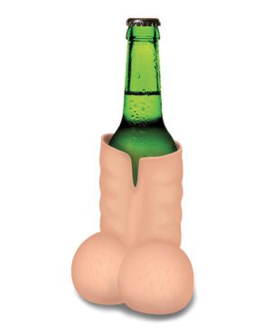 A green beer bottle in a novelty koozie shaped like the lower half of a human torso on a white background.