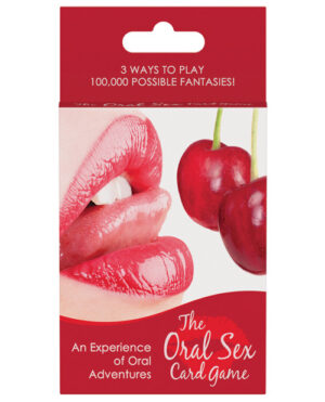 Product packaging for "The Oral Sex Card Game," featuring glossy lips and cherries, with texts highlighting "3 ways to play" and "100,000 possible fantasies."