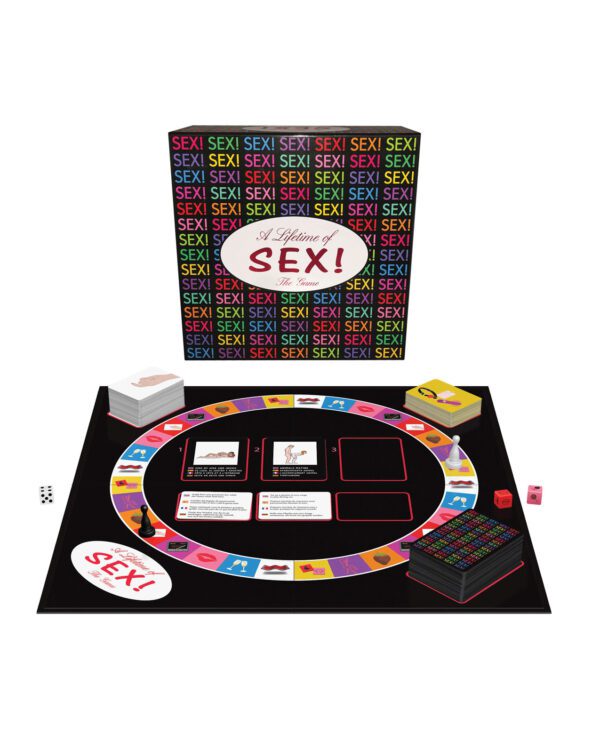 A board game with adult content themed cards and pieces displayed on a table, with the game's title prominently featured on the backdrop.