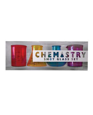 A set of four shot glasses designed to resemble laboratory glassware, in red, yellow, blue, and purple, packaged in a box with "CHEMISTRY shot glass set" printed on it.