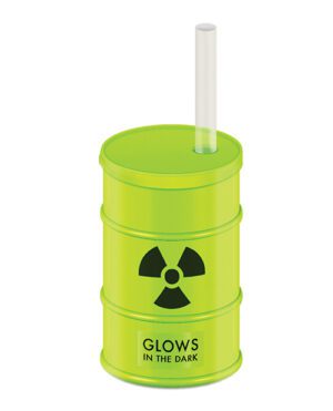 A novelty cup designed to look like a glowing green radioactive waste barrel with a black radiation hazard symbol on its side and the text "GLOWS IN THE DARK," complete with a white drinking straw sticking out of the top.