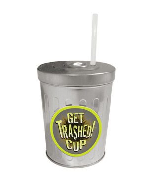 A novelty drink cup designed to look like a trash can, complete with a lid and straw, featuring a label that reads "GET TRASHED CUP".