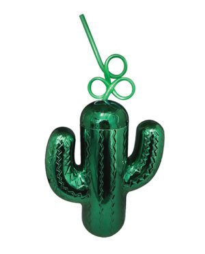 A metallic green cactus-shaped drinking cup with a lid and a straw twisted into a loop on top.