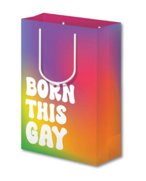 A shopping bag with a rainbow gradient featuring the text "BORN THIS GAY" in white letters.