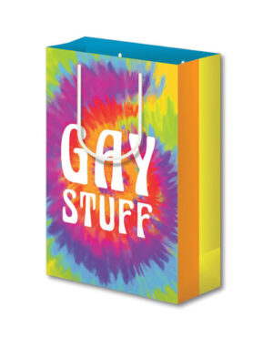 A colorful tie-dye shopping bag with the words "GAY STUFF" in white lettering centered on it.