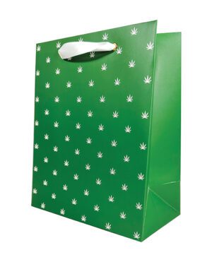 A green shopping bag with a white leaf pattern and a white handle on a white background.