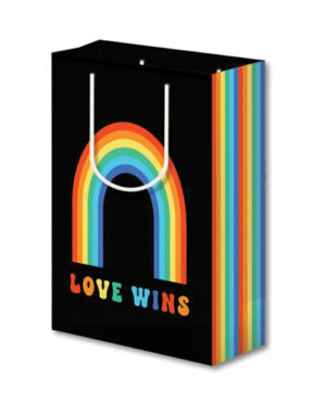 A black gift bag with a rainbow design and the phrase "LOVE WINS" at the bottom center. The sides of the bag have vertical stripes in various colors of the rainbow.
