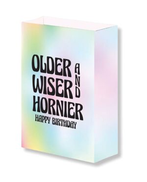 A birthday gift bag with a rainbow gradient and the humorous text "Older and Wiser and Hornier Happy Birthday" printed on it.