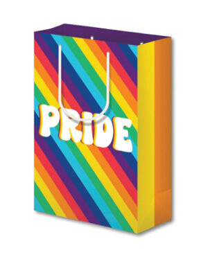 A colorful shopping bag with diagonal rainbow stripes and the word "PRIDE" in white bold letters on the front.