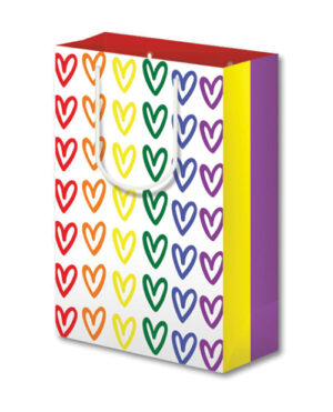 Gift bag with a pattern of multicolored hearts on a white background and solid color blocks on the sides.
