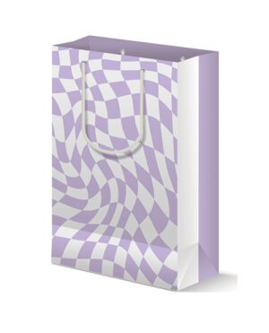 A stylish shopping bag with purple and white optical illusion pattern and white rope handles.