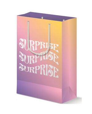 A colorful gradient gift bag with the word "SURPRISE" repeated on it.