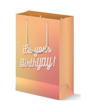 A festive orange ombre gift bag with "it's your birthday!" text and white rope handles.