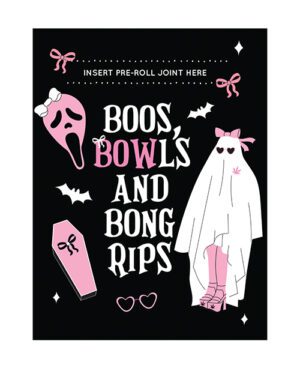 Illustration of ghost, ice cream, and coffin with cannabis motifs on a black background displaying the text 'Boos, Bowls and Bong Rips'.