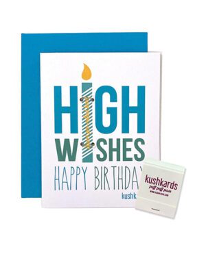 A playful greeting card displaying the message "HIGH WISHES HAPPY BIRTHDAY" with a candle graphic, accompanied by a small product labeled 'kushkards'.