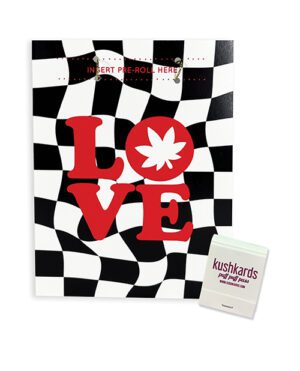 A black and white checkered greeting card with the word "LOVE" in bold red letters, a cannabis leaf symbol replacing the letter "O", and a small white product box labeled 'kushkards' beside it.