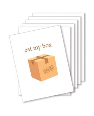 Stack of cards with a printed cardboard box and 'eat my box' text on top"