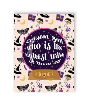 Illustration of a whimsical poster with the phrase "Crystal Ball who is the highest witch of them all" surrounded by witch hats, moons, stars, and butterflies on a patterned background.