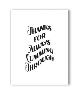 A card with a playful thank-you message written in stylized black script on a white background