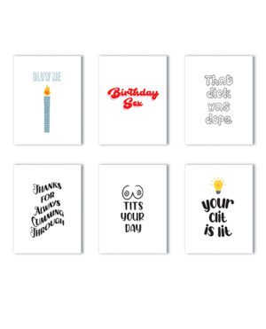 Several greeting cards arranged with adult-themed birthday messages and graphics.