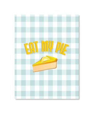 Graphic of a lemon pie slice with "EAT MY PIE" text on a blue and white checkered background