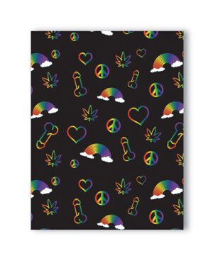 Colorful peace symbols, hearts, cannabis leaves, and rainbow clouds on a black background.