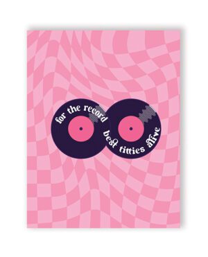 Graphic poster with vinyl records in a pink background with a breast cancer awareness message.